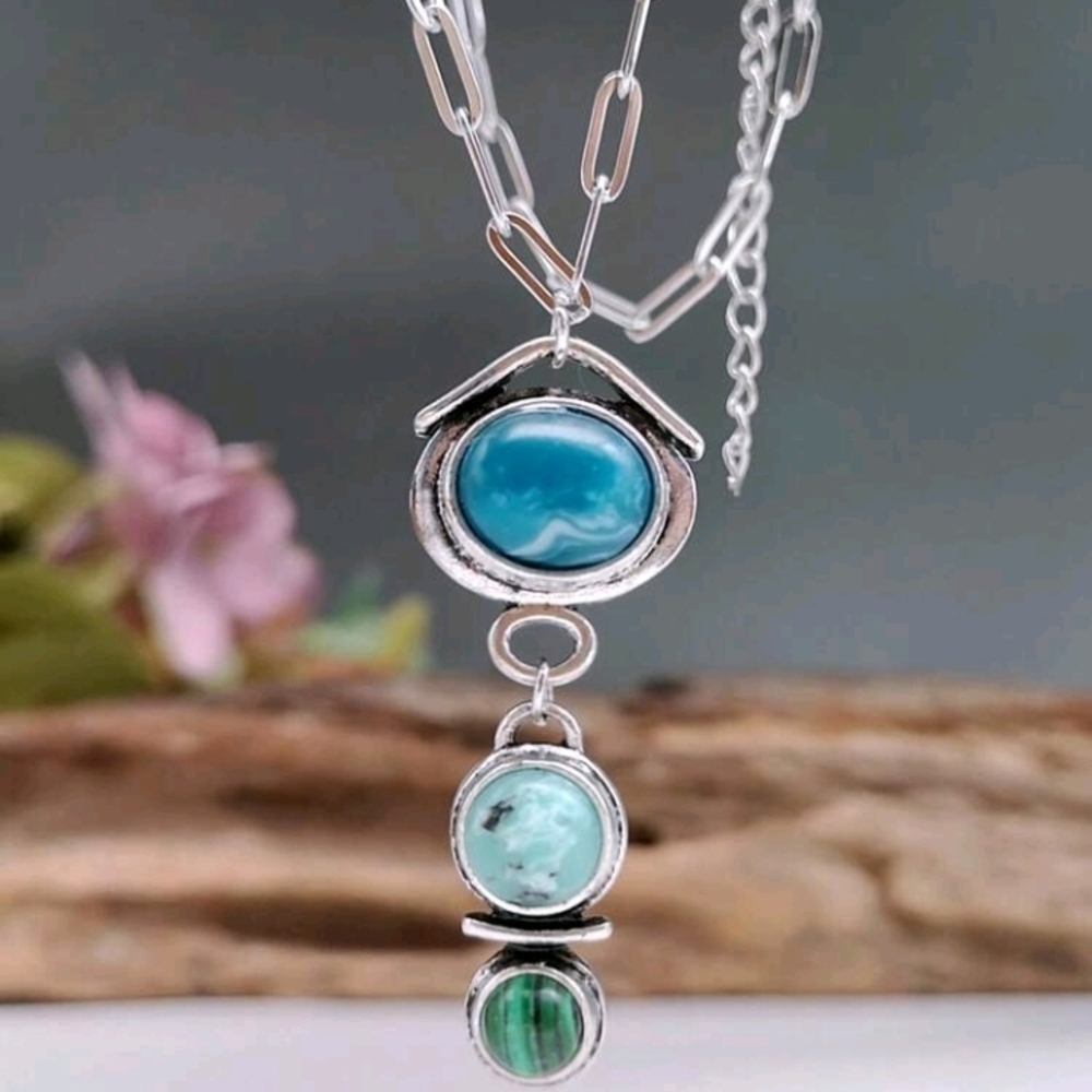 Sterling Silver Turquoise Drop Pendant Necklace - Picture 2 of 5